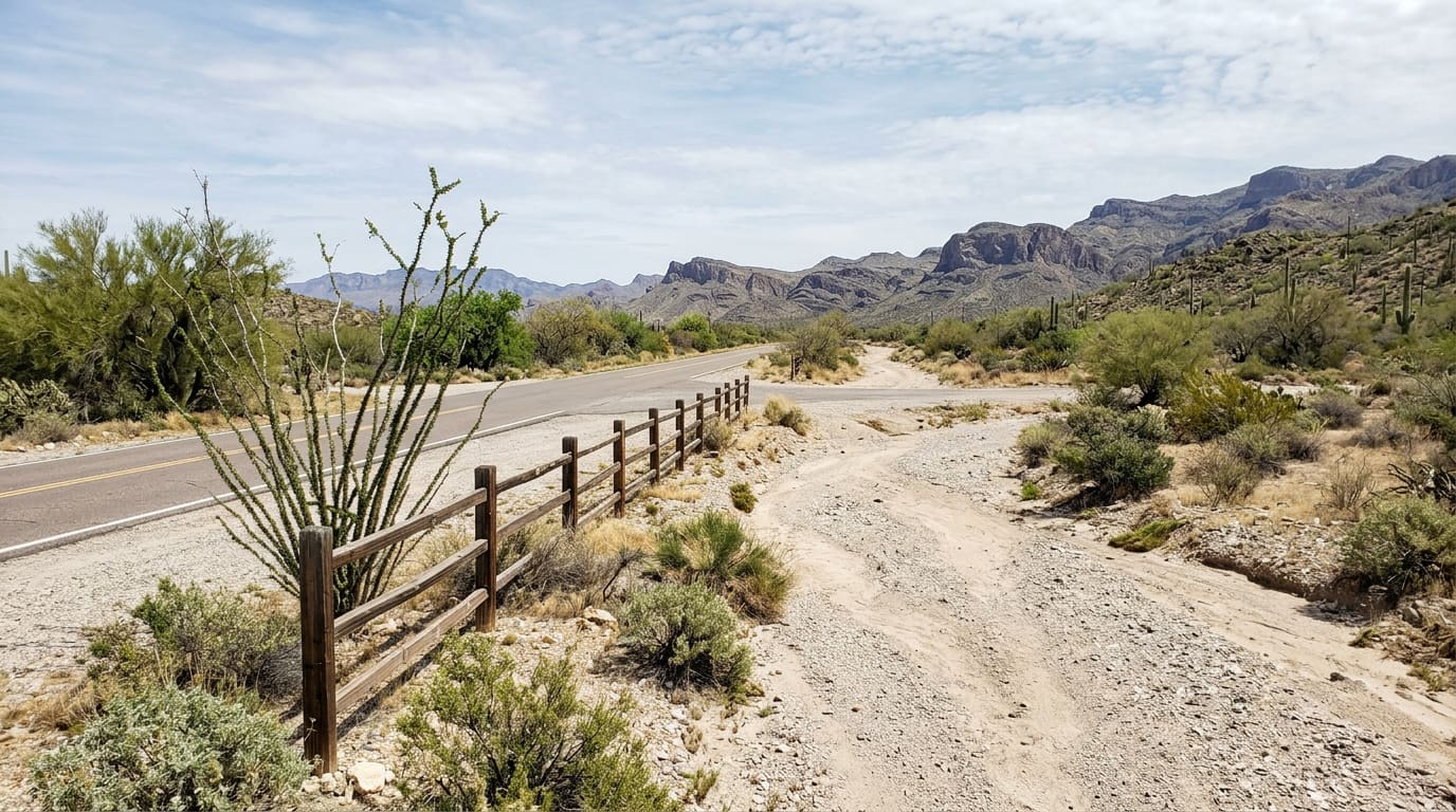 An illustrative wide daylight view of vacant desert land at a rural crossroads in the Sonoran Desert — a broad sandy wash channel cutting through pale gravel flats, scattered mesquite and palo verde with an ocotillo in the foreground, a weathered three-rail wooden fence running along a paved two-lane road, and layered rocky mountain ridges under a partly clouded sky.