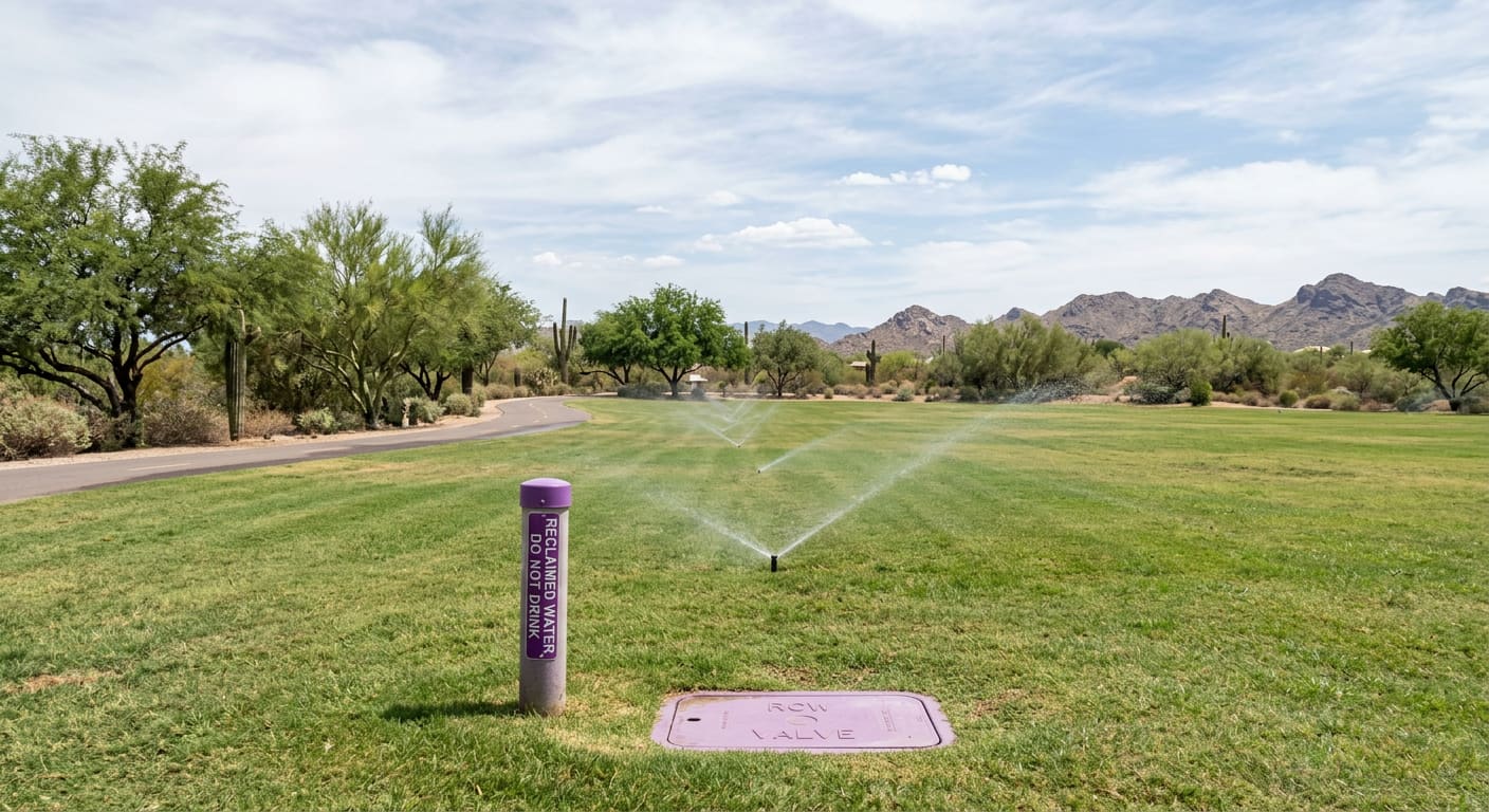 An illustrative wide daylight view of a generic municipal park lawn in the Sonoran Desert under irrigation — pop-up sprinklers throwing low fans of spray across mown grass, a lavender-purple reclaimed-water marker post and a purple valve-box lid in the foreground, mesquite and palo verde along the edge of the turf, a paved shared-use path curving past, and low desert ridges on the horizon under a bright partly clouded sky.