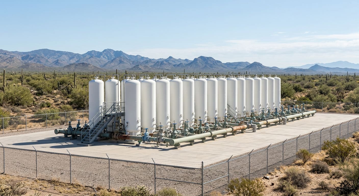 An illustrative wide daylight view of a generic municipal groundwater treatment yard in the Sonoran Desert — a long row of tall white cylindrical steel pressure vessels on a poured concrete pad, painted steel pipe manifolds and valve clusters running between them, a chain-link perimeter fence, gravel and creosote beyond it, and layered blue-grey desert ridges on the horizon under a pale sky.