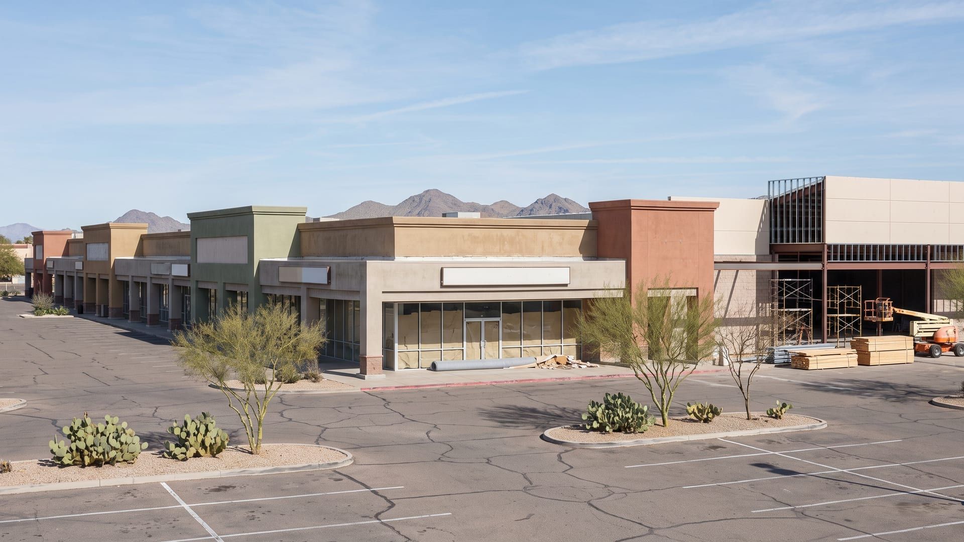 An illustrative midday view of an older southwestern strip shopping center on a wide desert arterial — a low row of stucco storefronts with blank unlettered sign bands, one large empty junior-anchor space with papered-over glass and a roll of flooring inside, and at the far end a much larger big-box building under expansion with exposed steel framing, scaffolding, a lift and stacked lumber, low desert mountains behind the rooftops.