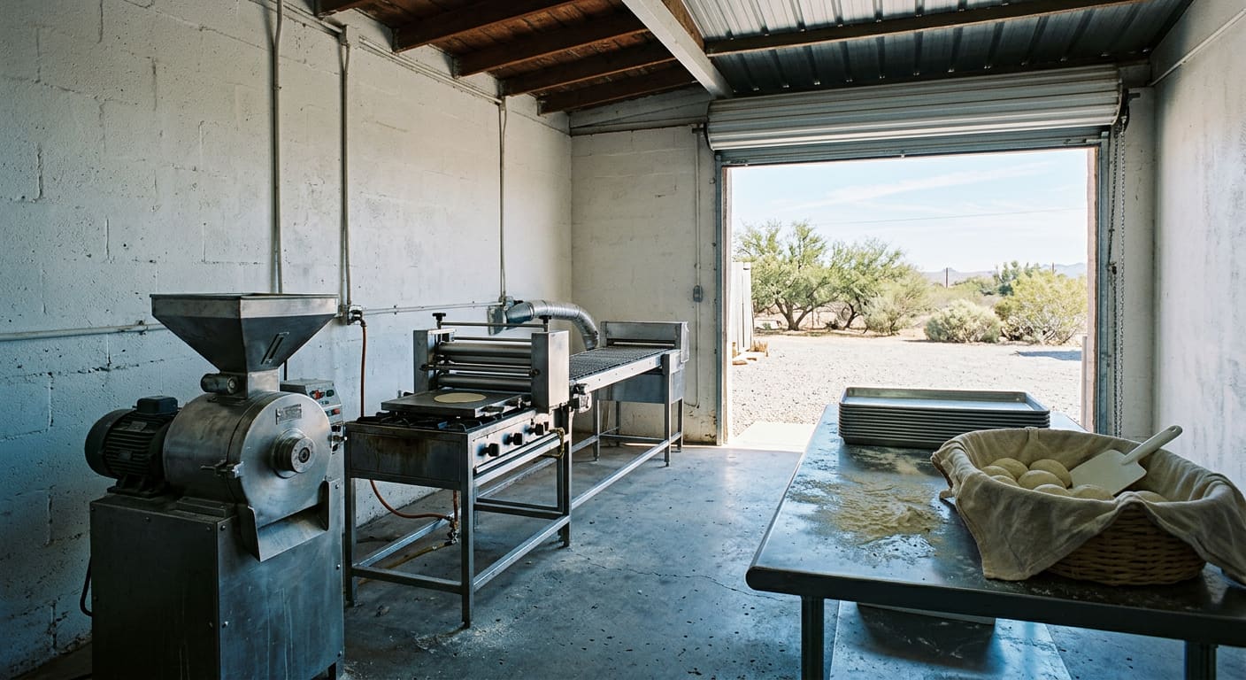 An illustrative wide interior view of a generic small tortilleria production room — a stainless steel masa mill and a low conveyor tortilla press line along a whitewashed masonry wall, a flour-dusted steel work table in the foreground with stacked shallow metal trays and a cloth-lined basket, exposed painted ceiling joists overhead, and an open roll-up service door at the far end looking out to a gravel yard with mesquite and creosote under a pale sky.