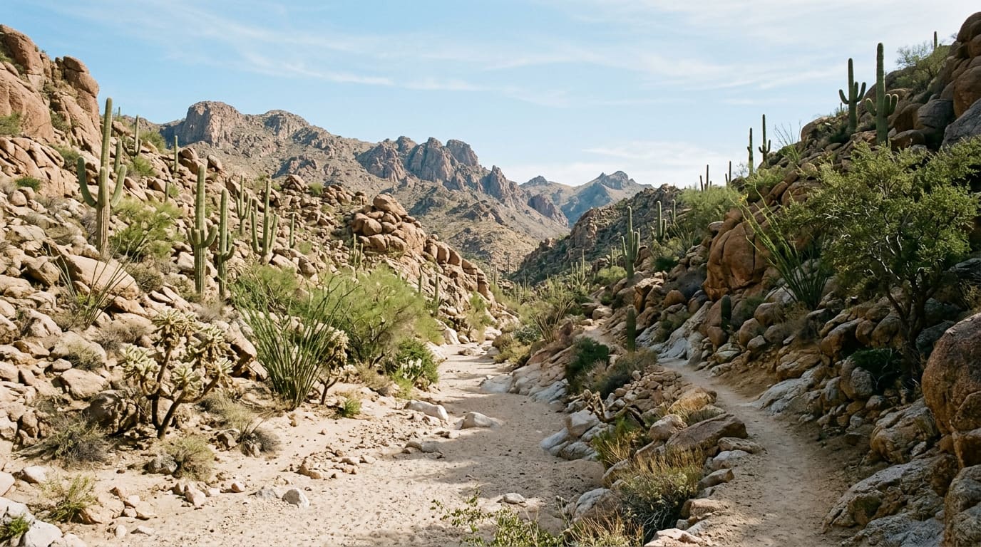 An illustrative daylight view up a generic sandy desert wash into a granite canyon, with a dirt trail along the bank, saguaros, cholla, ocotillo and ironwood on boulder-covered slopes, and a rugged ridge under a pale blue sky.