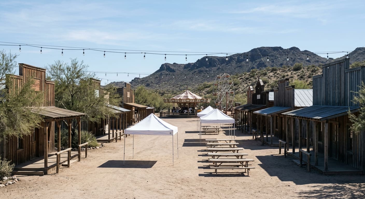 An illustrative daytime view of a generic Old West-themed entertainment plaza with no people present — a packed-dirt main street lined with unmarked false-front wooden storefronts and covered board sidewalks, two plain white vendor canopies and a row of bare wooden picnic tables down the center, a small painted carousel and an open Ferris wheel at the far end, strings of bulb lights overhead, mesquite trees along the edges and a dark desert mountain ridge behind the rooflines under a pale blue sky.