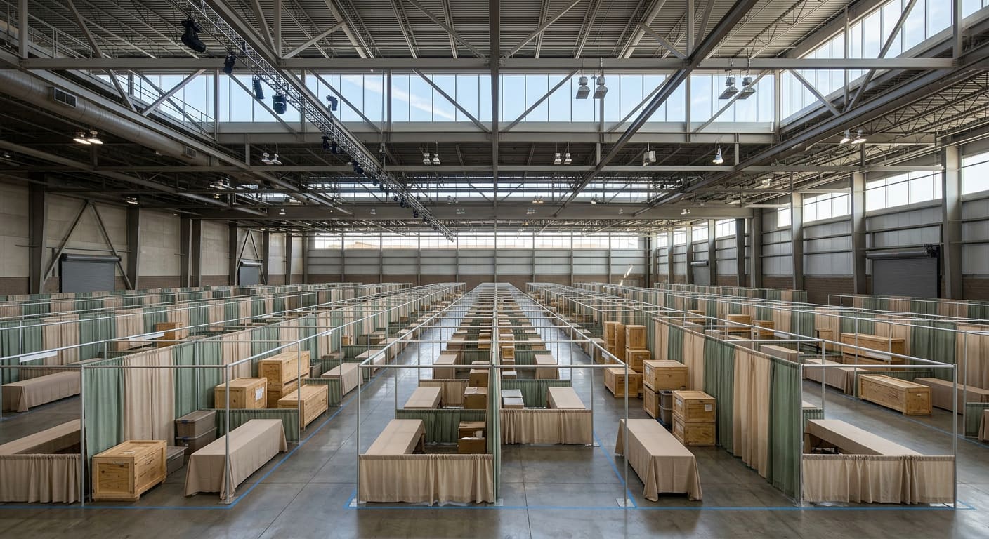 An illustrative wide interior view of a large empty convention exhibit hall before opening — long rows of plain unmarked vendor booths divided by sage-green curtains, cloth-draped folding tables and stacked wooden crates, a polished concrete floor marked with blue taped aisle lines, and a high exposed steel truss ceiling with clerestory windows and banks of work lights.