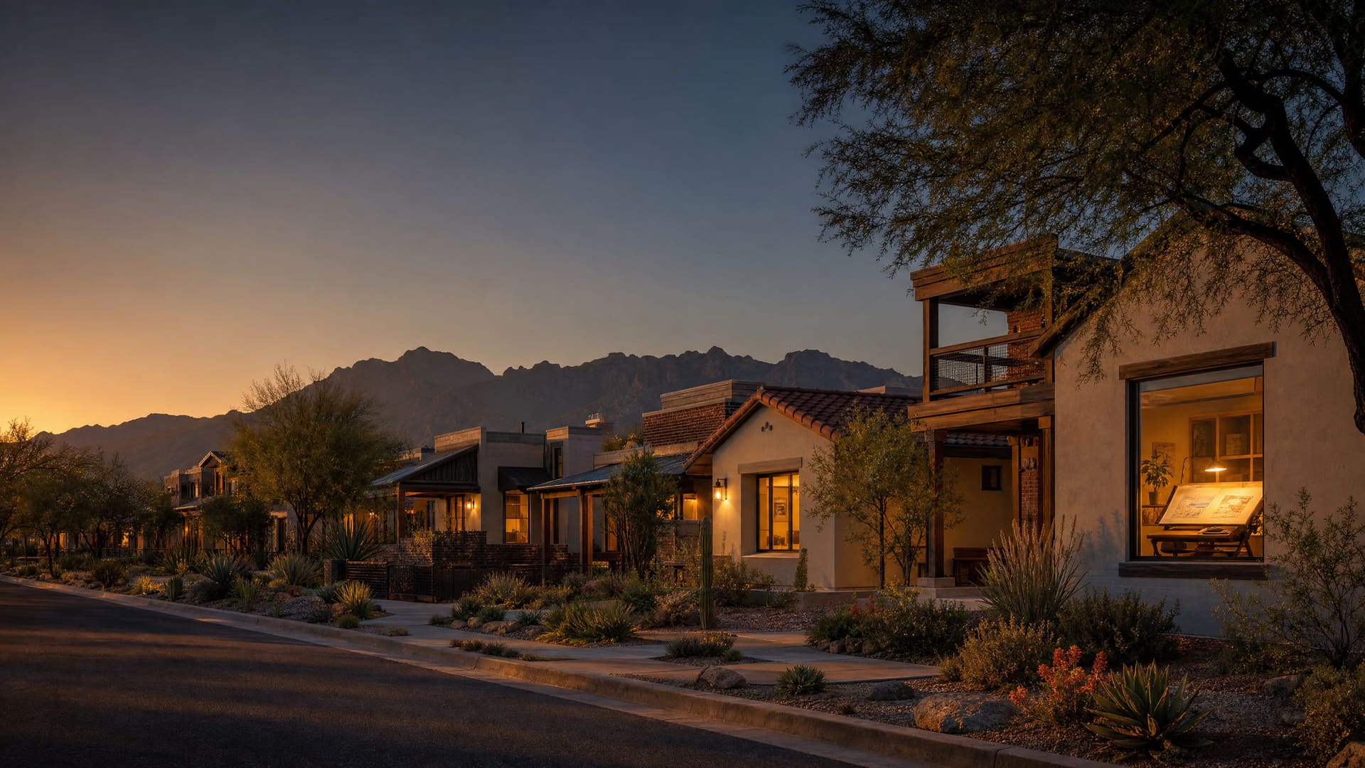 A dusk mood image of a row of small-scale attached homes on a Tucson street — stucco and timber facades with covered porches and a second-story deck, warm light in the windows, desert landscaping along the sidewalk, and the Catalina range in silhouette under a sky fading from indigo to amber.
