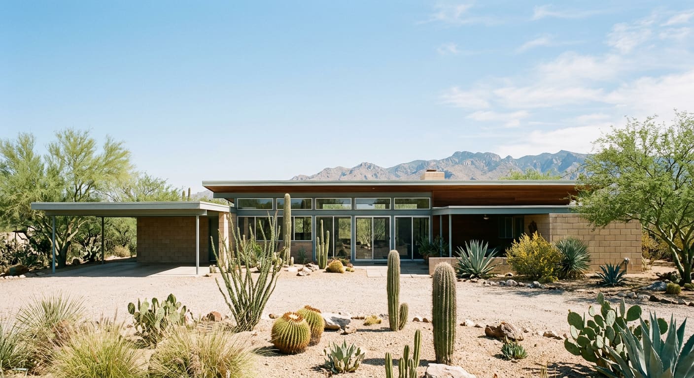 An illustrative wide view of a generic low-slung mid-century modern desert house with a flat roof, deep eaves, a long wall of glass, block walls and a steel-post carport, set in a gravel yard of saguaros, barrel cacti, agaves and palo verde trees under a blue sky with mountains behind.