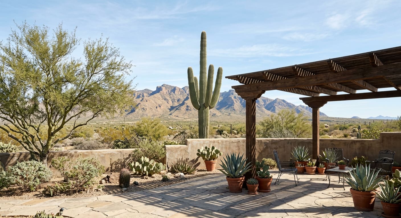 An illustrative Sonoran Desert backyard in clear daylight — a dark wooden ramada casting striped shade across a flagstone patio, potted agaves and wrought-iron chairs, a low stucco wall, a palo verde and a tall saguaro, with rugged mountains under a pale blue sky.
