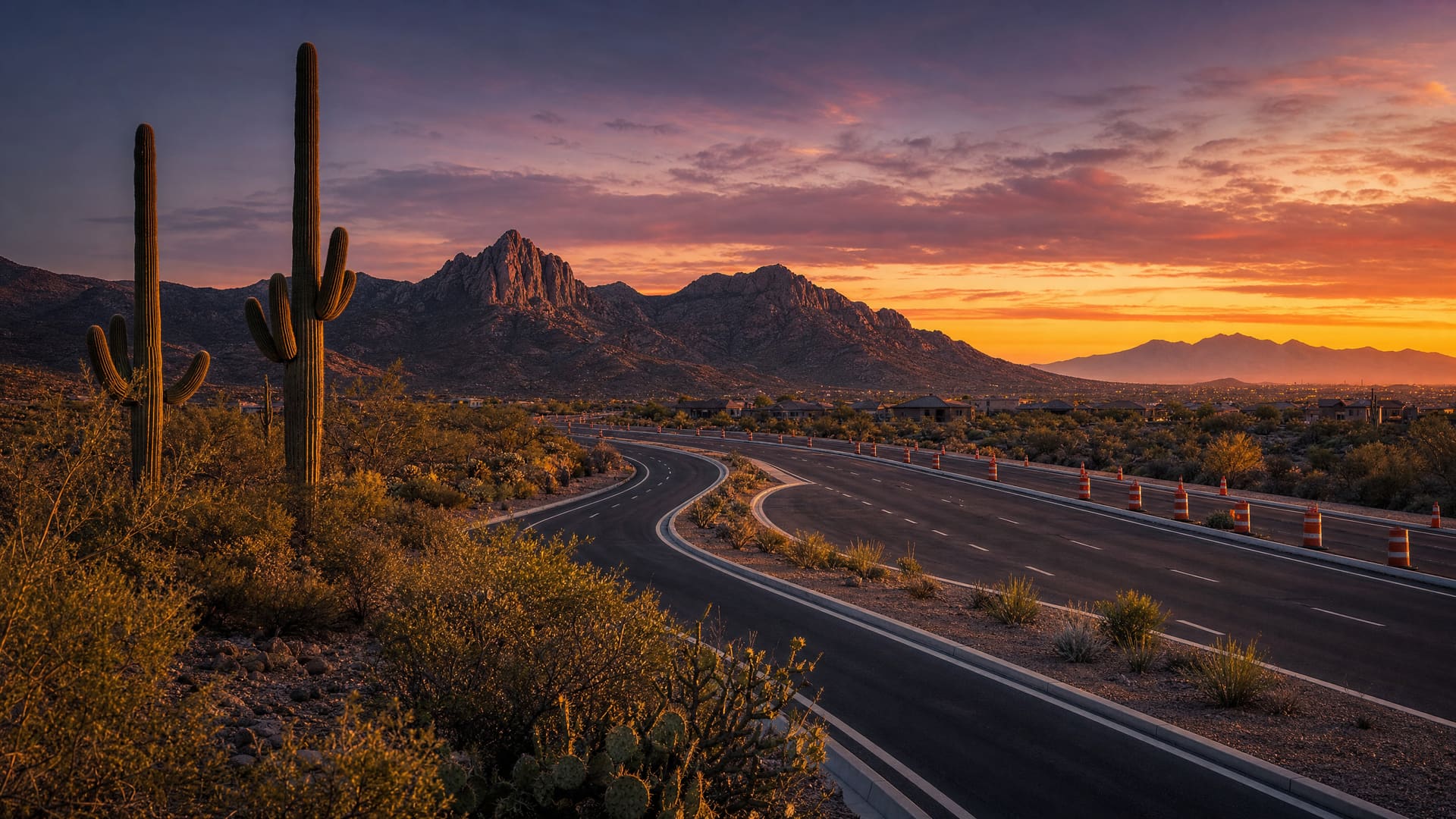 An illustrative golden-hour view of a newly widened, median-divided four-lane desert arterial curving toward a low mountain gap under an orange sky, flanked by saguaros and desert scrub with construction cones still lining one shoulder.