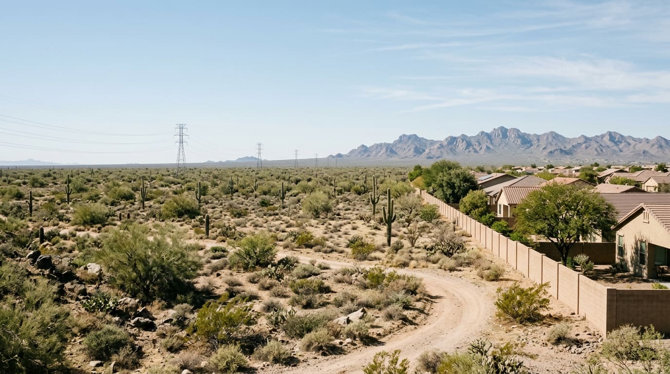 An illustrative wide midday view of the edge of a generic Sonoran Desert suburb — a tan masonry boundary wall and the tile roofs of single-story stucco houses along the right side, and immediately beyond it undeveloped creosote and mesquite desert with scattered saguaros running to a distant rocky mountain range, a line of lattice steel transmission towers crossing the open ground and a dirt track curving through the foreground scrub, under a clear pale sky.
