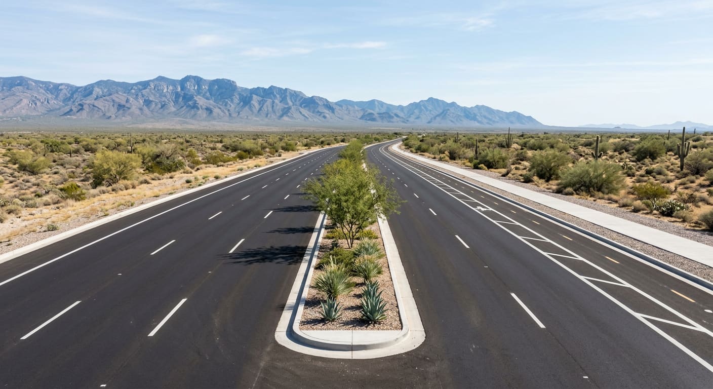 An illustrative wide daylight view of a newly finished divided arterial road crossing open Sonoran Desert — fresh dark asphalt with crisp white lane striping in both directions, a raised concrete-curbed center median planted with young mesquite, agave and desert spoon over gravel, a separated concrete path and striped bike lane along the right shoulder, creosote and saguaro flats beyond the right-of-way, and layered blue-grey mountain ridges on the horizon under a pale sky with thin high clouds.