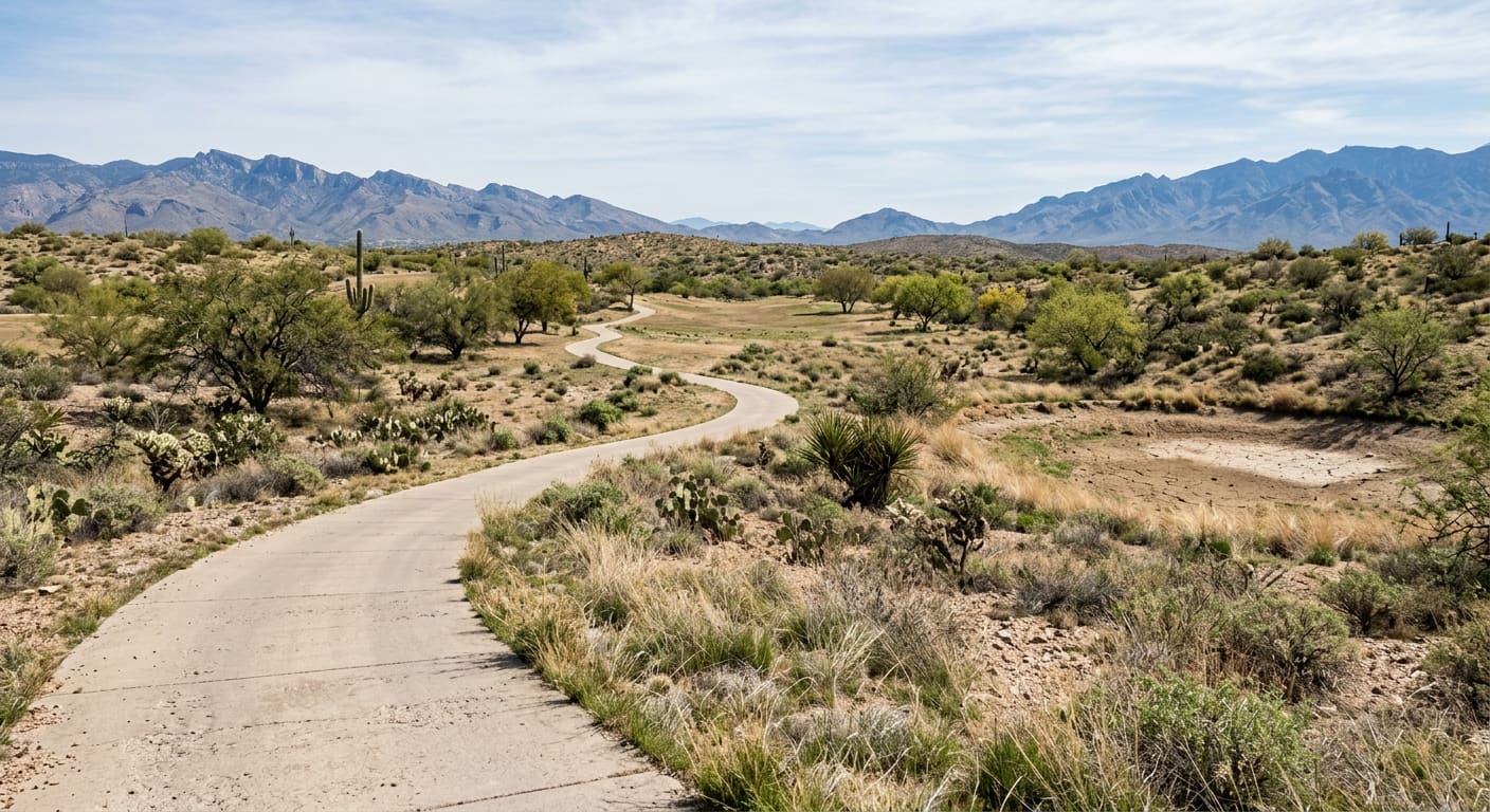 An illustrative wide daylight view of a generic former golf course reverting to Sonoran Desert — a broad poured-concrete path curving away through open ground where fairway turf has given way to bunchgrass, gravel and bare caliche, a dry cracked basin to the right where a pond once sat, one remnant patch of green turf in the middle distance, scattered mesquite, palo verde, saguaro and prickly pear across the old rough, and layered blue-grey mountain ridges on two horizons under a pale sky with high thin clouds.