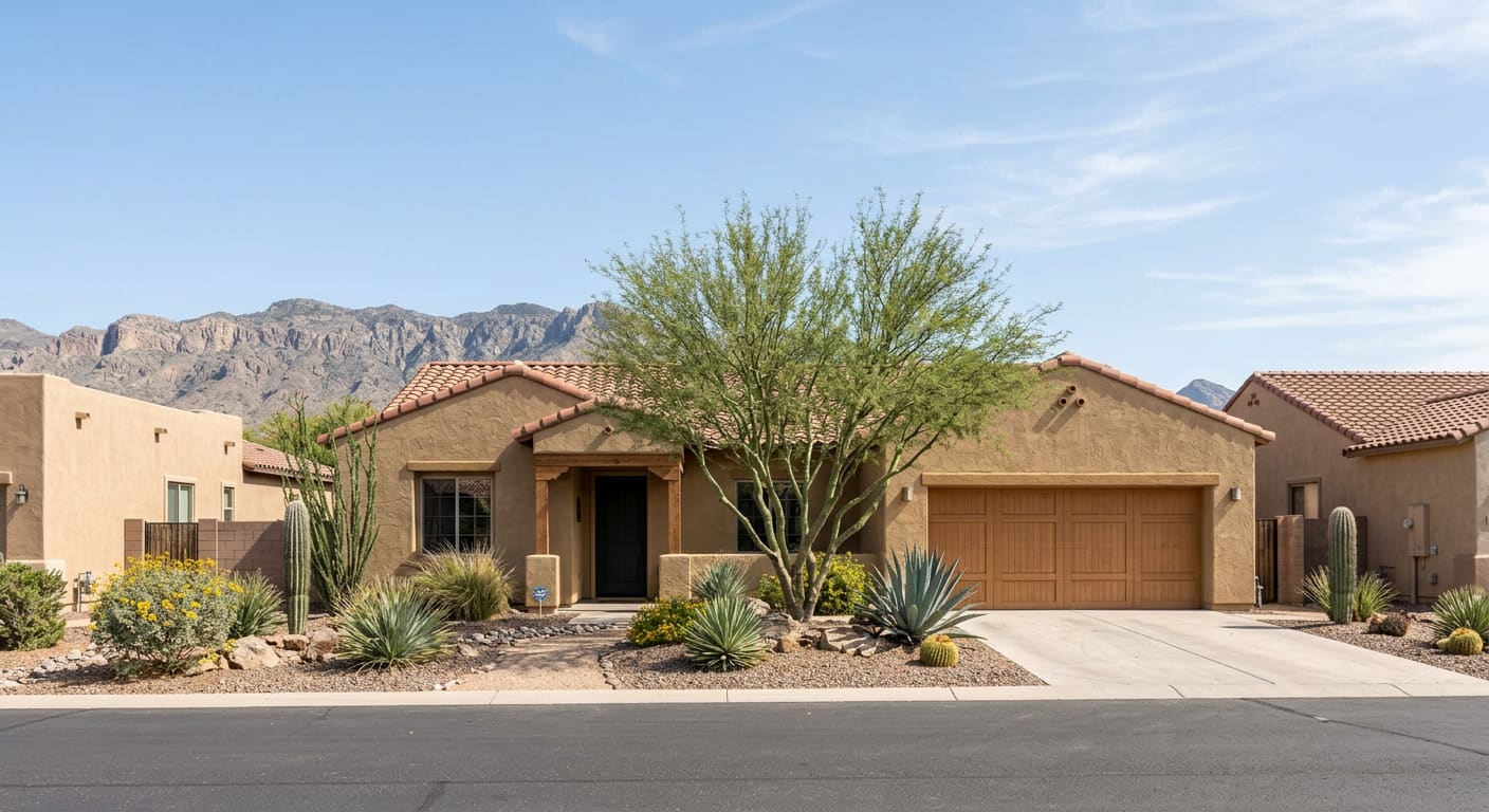 An illustrative street-level view of a generic single-story stucco home with a red clay tile roof, a two-car garage and a desert-landscaped front yard of gravel, agave and a palo verde tree, with similar homes on either side and a mountain ridge beyond.