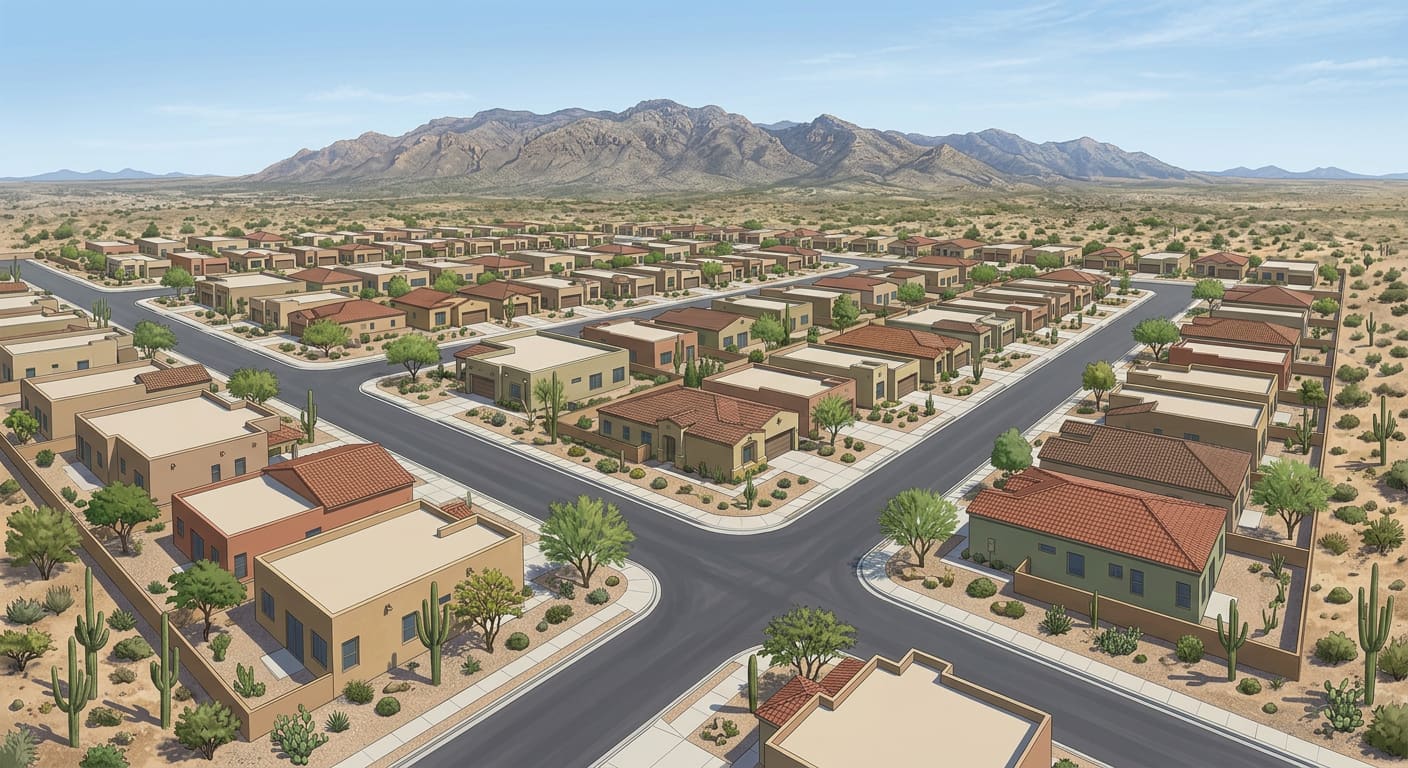 An illustrative elevated daytime view of a generic Sonoran Desert residential neighborhood — curving streets lined with single-story stucco homes under flat and red tile roofs, gravel yards with palo verde trees and saguaros, and a rugged mountain range beyond under a pale blue sky.