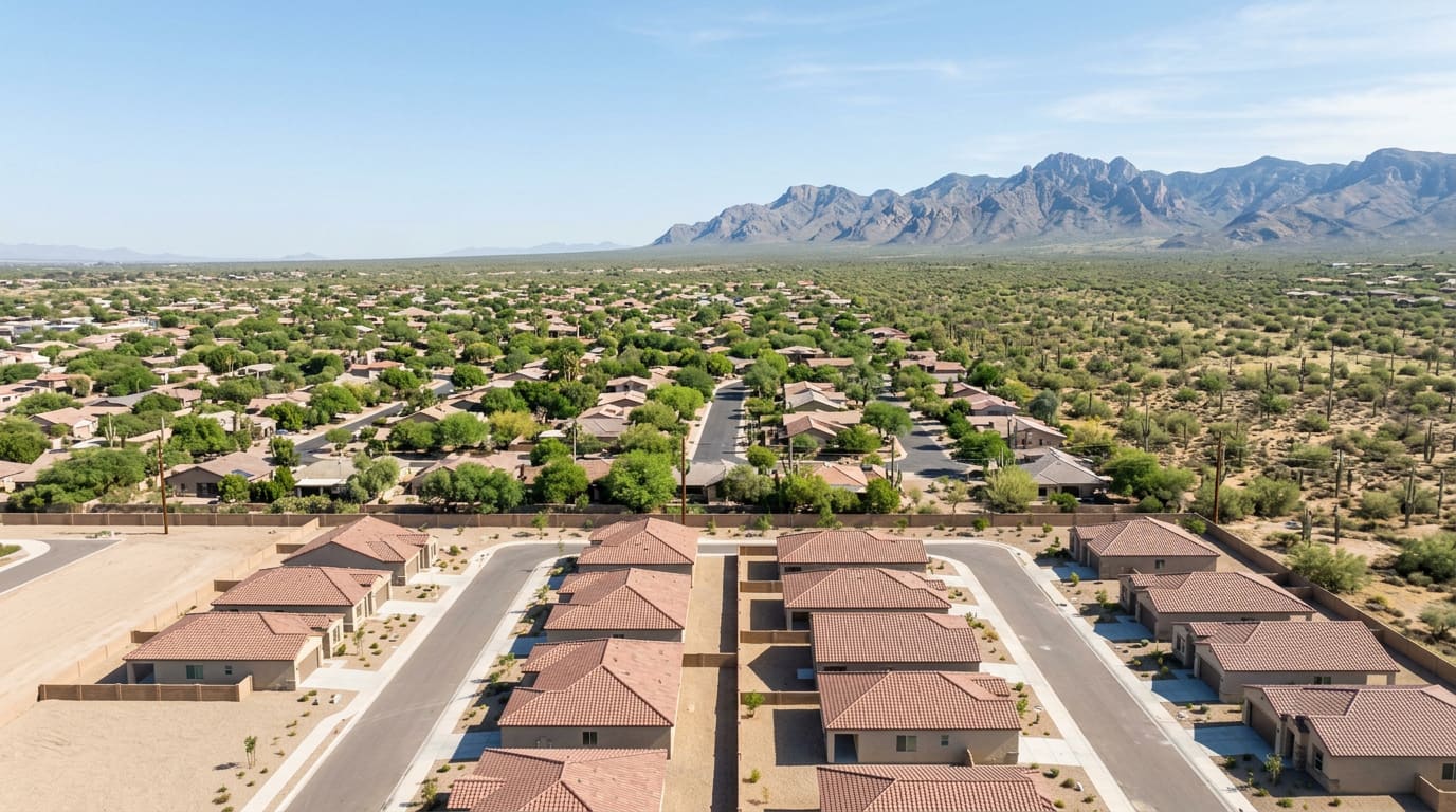 An illustrative elevated daytime view of a generic Sonoran Desert suburban edge — a newly built street of single-story stucco homes with red tile roofs and fresh gravel yards in the foreground, older tree-lined streets behind it, open desert with saguaros to the right, and a rugged mountain range under a pale blue sky.