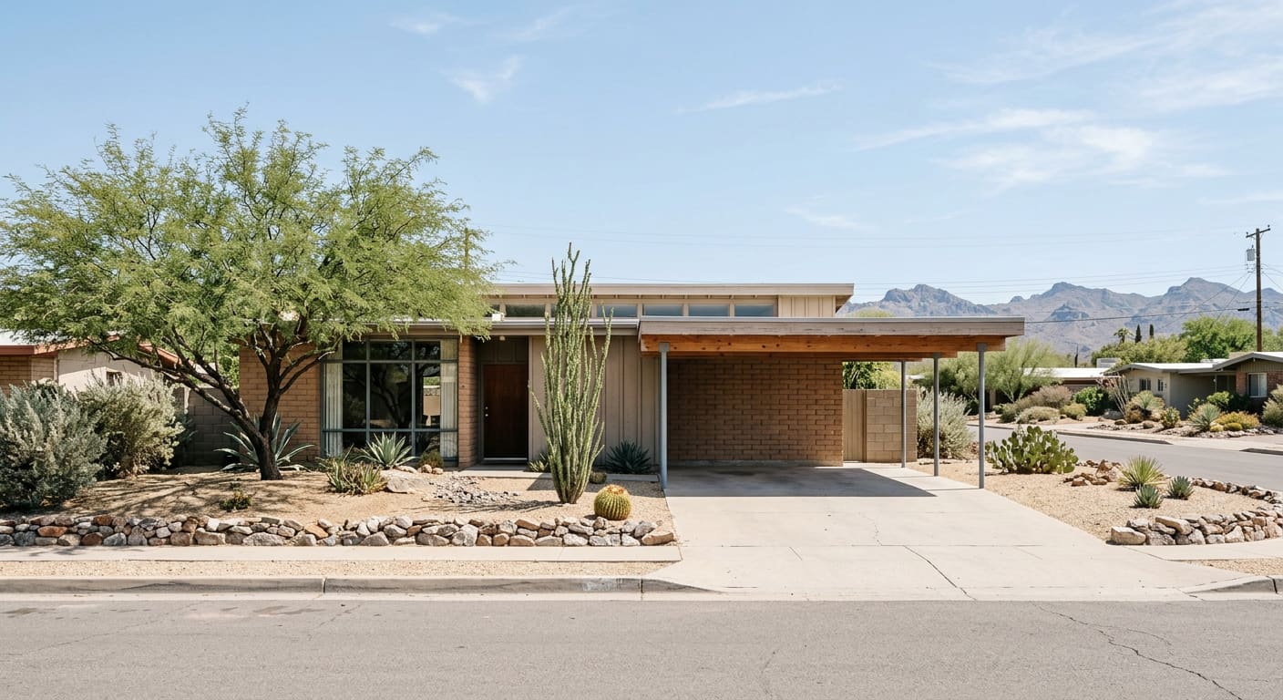 A low-slung 1960s desert modern house with a projecting flat-roofed carport, burnt adobe and slump block walls and a wide front window wall, set back on a gravel yard with mature mesquite under midday light.